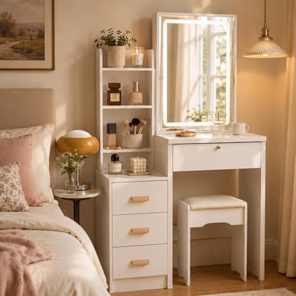 Breevia White Small Vanity Desk with Mirror & Lights, 31.5" Compact Dressing Table with Stool, 4 Drawers