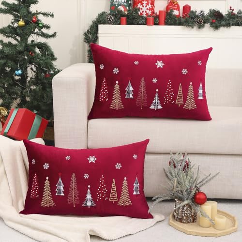 Red Christmas Embroidery Throw Pillow Covers 16x26 Set of 2 Velvet Xmas Tree Snowflake Decor