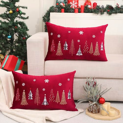 Red Christmas Embroidery Throw Pillow Covers 16x26 Set of 2 Velvet Xmas Tree Snowflake Decor