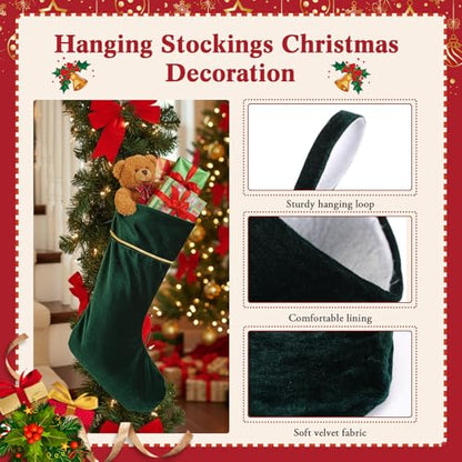 Dark Green Velvet Christmas Stockings Set of 4 - 18 Inch Holiday Decor