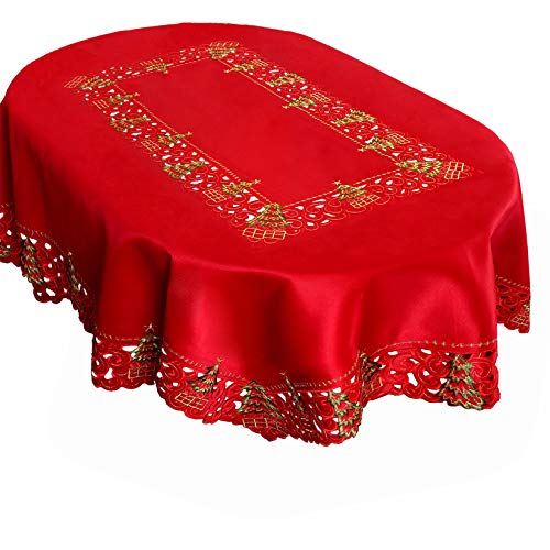 Christmas Holly Tree Tablecloth Satin Red 52x70 Inches Oval Holiday Decor