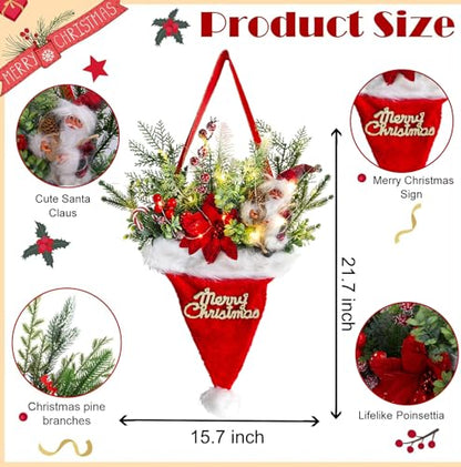 Christmas Wreath with Santa Hat Lights for Front Door & Holiday Decor