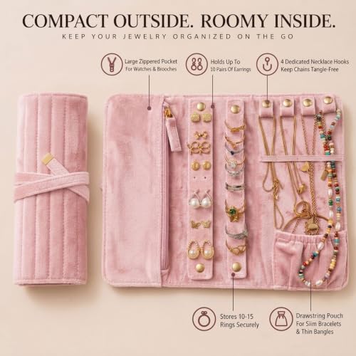 Travel Jewelry Organizer Case Pink Jewelry Roll for Necklaces Rings & Earrings