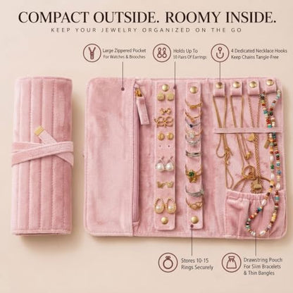 Travel Jewelry Organizer Case Pink Jewelry Roll for Necklaces Rings & Earrings