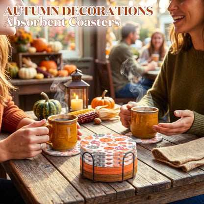 Fall Pumpkin Coaster Set with Metal Holder - 8 Woven Cotton Drink Coasters, Autumn Decor