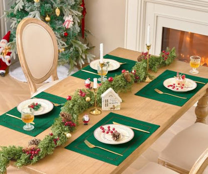 Green Burlap Place Mats Set of 8, 12 x 18 Inch Christmas Table Decor