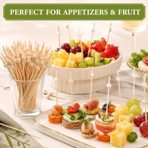 Bamboo Cocktail Picks Set - 100 Fancy Wooden Ball Skewers for Drinks & Appetizers
