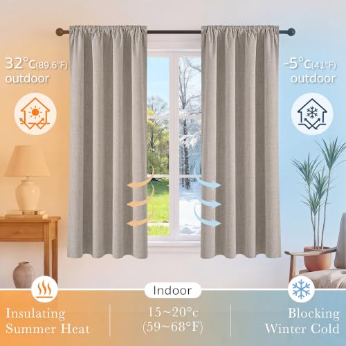 Blackout Linen Curtains 42W x 48L - 2 Panels, Rustic Farmhouse Style