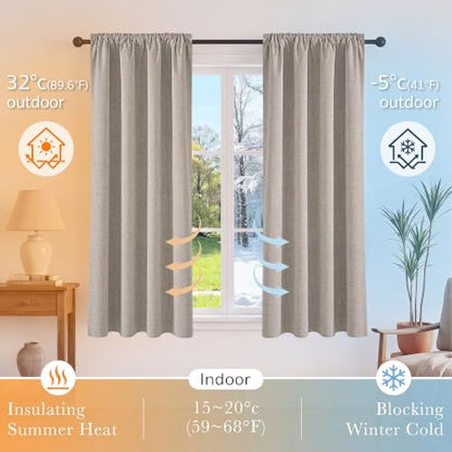 Blackout Linen Curtains 42W x 48L - 2 Panels, Rustic Farmhouse Style