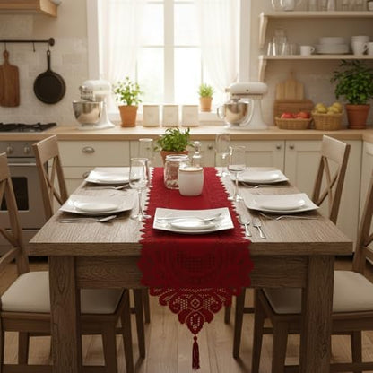 Red Lace Table Runner for Christmas Party and Holiday Decor - 13x70 Inches - Variation #1 Red