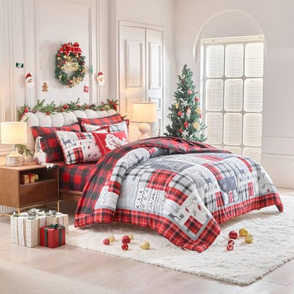 Christmas Gingham Bedding Set with Comforter Sheets Pillowcases Queen 7 Pieces - Red Gray Deer Snowflake