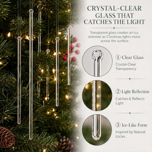 Handmade Glass Icicle Christmas Ornaments Set - Crystal Clear Holiday Decor, 32 Pieces