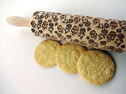 Skull Roses Embossed Rolling Pin – Beech Wood Dough Roller (7.9" Embossing Surface) - Halloween Cookie Stamp (Variation: Skull Roses)