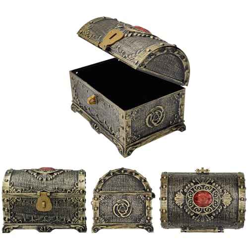 Kids Pirate Treasure Chest Storage Box,Red Rhinestone Inlaid Top Decorative Pirate Chest with Lock and Key for Kids Birthday,Halloween, Christmas Pirate Party Favors