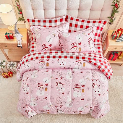 Pink Snowman Christmas Comforter Sheet Set King - 7 Pieces Holiday Bedding