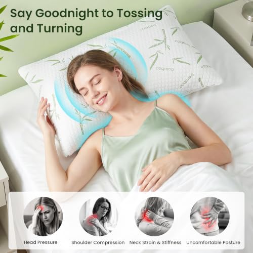 Queen Size Cooling Shredded Memory Foam Pillows Set of 2 - Adjustable Support with Washable Cover