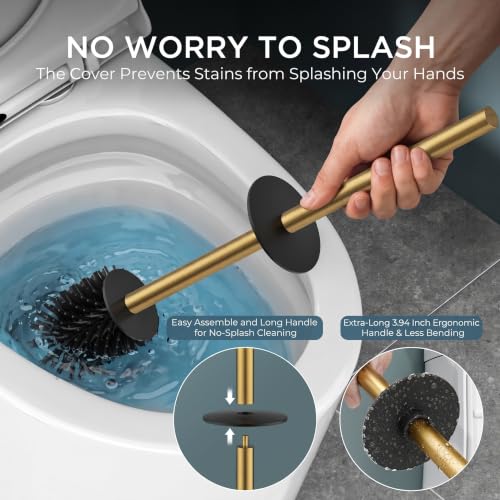 Gold Stainless Steel Toilet Brush & Holder Set - Extra Long Handle