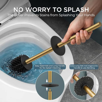 Gold Stainless Steel Toilet Brush & Holder Set - Extra Long Handle