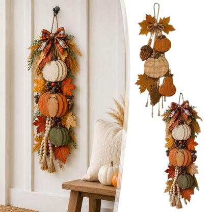 Fall Pumpkin Hanging Swag - Velvet Harvest Pumpkin Decor for Front Door & Porch - Orange2