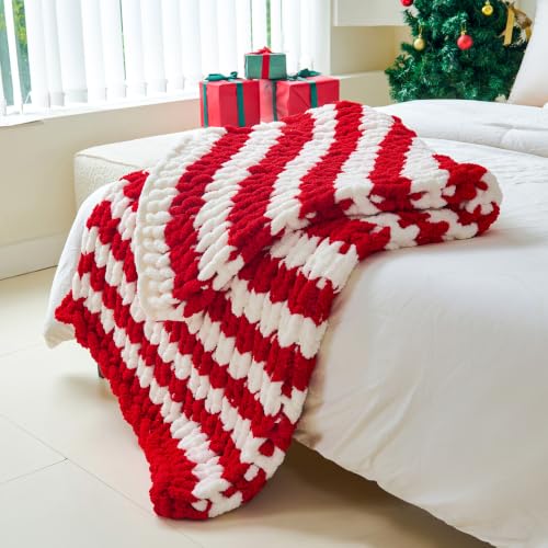 Christmas Red White Chunky Knit Blanket Throw 51x63 Inches for Couch