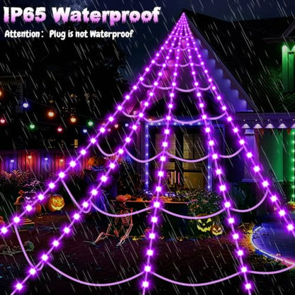 Outdoor Halloween Spider Web Lights with 250 LEDs and Purple Spider - Dark Purple Web Edition