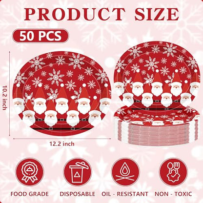 50 Pcs Christmas Paper Plates - Santa Snowflake Oval Disposable Dinnerware 12.2x10.2 Inch