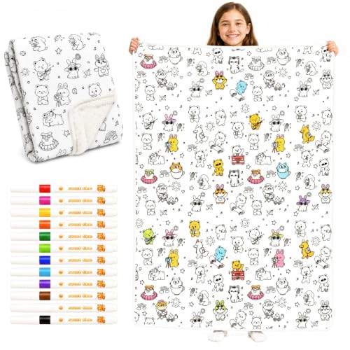 Animal Variation Coloring Blanket for Adults & Kids 50x60 Inch with 12 Markers