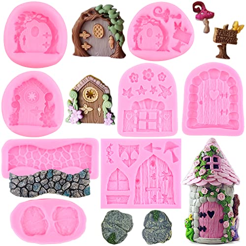 MYPRACS Enchanted Vintage Fairy Garden Fairy Gnome Home Window Door Silicone Mold Stone Path Fondant Mold For Cake Decorating Candy Chocolate Gum Paste Polymer Clay Set Of 8