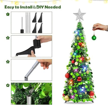 Green 3ft Collapsible Christmas Tree with Lights and Ornaments - Holiday Decor