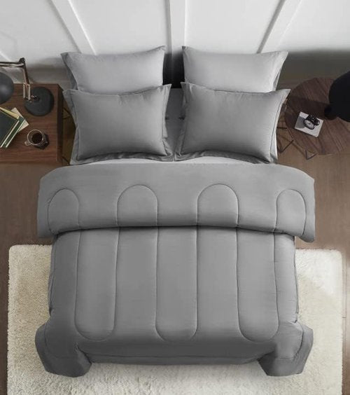 Maple&Stone Queen Size Comforter Set - 7-Piece Down Alternative Bed in a Bag | Soft Reversible Duvet in Dark Grey & Light Grey