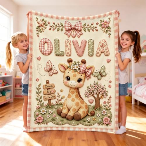 Personalized Baby Blanket with Name - Giraffe Design, Soft Plush, Custom Size