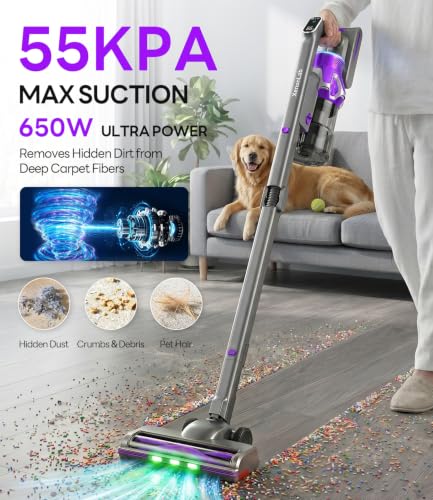 Purple Foldable Cordless Vacuum Cleaner - 75 Min Runtime, 55kPa Suction, 650W Stick Vacuum