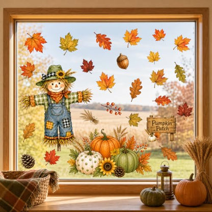Farm Fall Window Clings - 13 Inch Scarecrow Autumn Decor, 6 Sheets