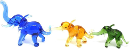 Skiennix Handmade Mini Elephant Family Figurines - 2" Blown Glass Art, Multicolor Jungle Decor