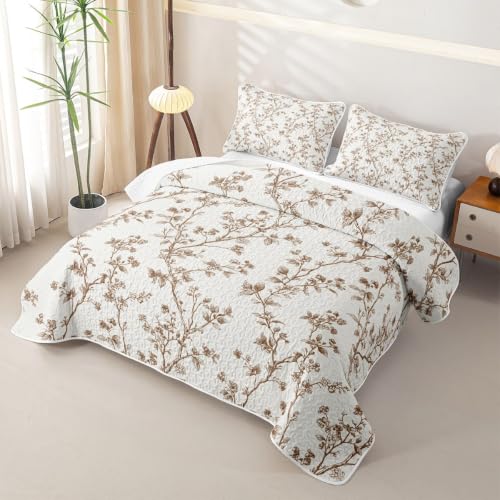 King Size Floral Quilt Set Beige Brown Boho Bedspread Coverlet - Erosebridal