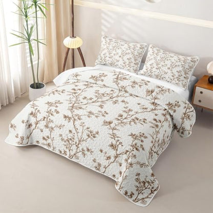 King Size Floral Quilt Set Beige Brown Boho Bedspread Coverlet - Erosebridal