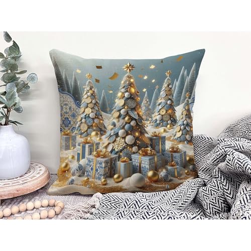 Merry Christmas Tree Throw Pillow Cover 16x16 Inch - Festive Snow Drift Gold Confetti Cushion for Sofa