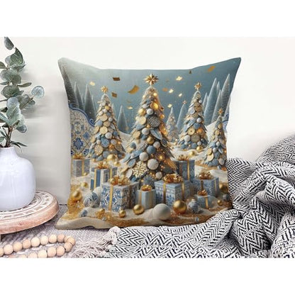 Merry Christmas Tree Throw Pillow Cover 16x16 Inch - Festive Snow Drift Gold Confetti Cushion for Sofa