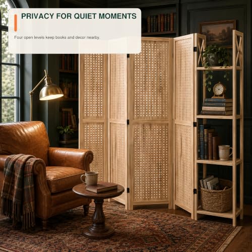 Pegboard Room Divider with Side Shelves - 4-Panel Display, Natural
