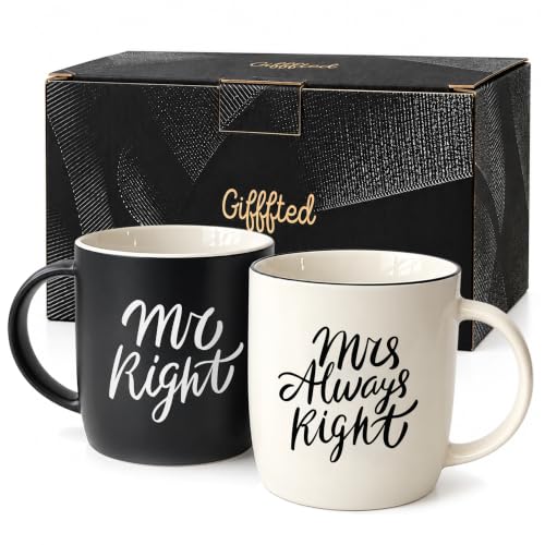 Black White Coffee Mug Set - Mr Right & Mrs Always Right 13oz Gift for Couples