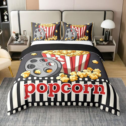 Popcorn Bedding Set - Black Red Queen Size Duvet Cover for Kids Boys Girls Movie Theater Theme