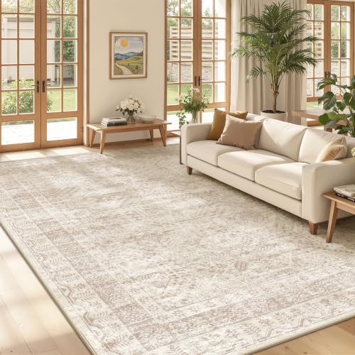 Vintage Beige 8x10 Washable Rug - Foldable, Soft, Stain-Resistant Area Rug