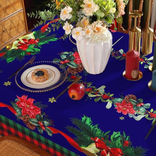 Blue Christmas Tablecloth 60x140 Inch Rectangular Poinsettia Plaid Washable Spillproof