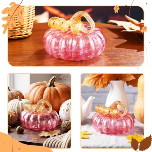 Pink Glass Pumpkin Halloween Fall Decor - 5.11 Inch Tabletop Centerpiece