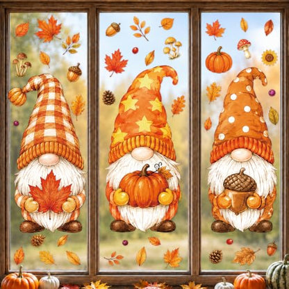 Large Fall Gnome Window Clings Halloween Thanksgiving Decor Set