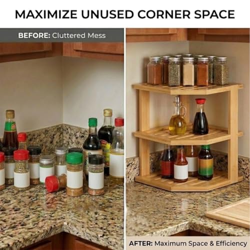 3-Tier Bamboo Corner Shelf for Kitchen Countertop and Cabinet Storage