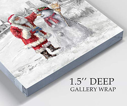 Christmas Canvas Wall Art - Joyful Santa and Snowman 32x32 Inches
