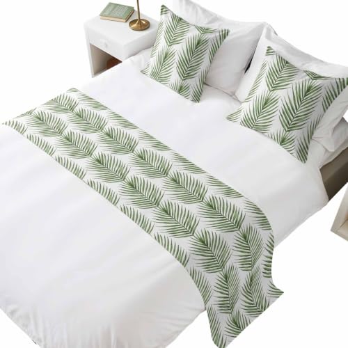 Queen Size Bed Runner with Matching Pillow Covers - Green Palm Leaves 83x20 in Forest