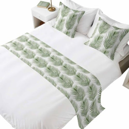 Queen Size Bed Runner with Matching Pillow Covers - Green Palm Leaves 83x20 in Forest