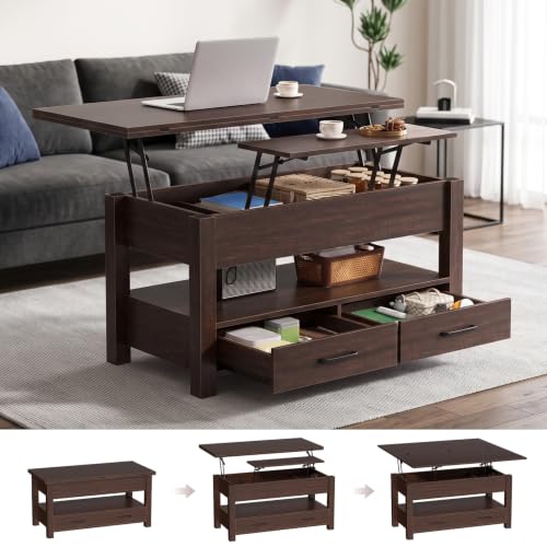 DUMOS 39.4-Inch Convertible Lift Top Coffee Table - Brown, 4-in-1 Multi-Functional Design